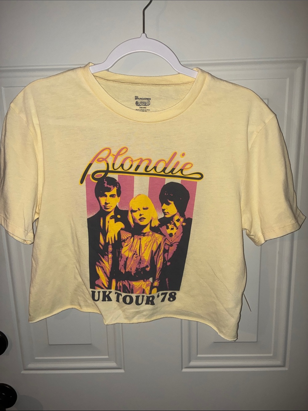No Boundaries Blondie Graphic Tee in Pale Yellow with Pink and Black Print